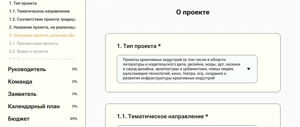 Раздел «О проекте»: тип проекта и тематическое направление
